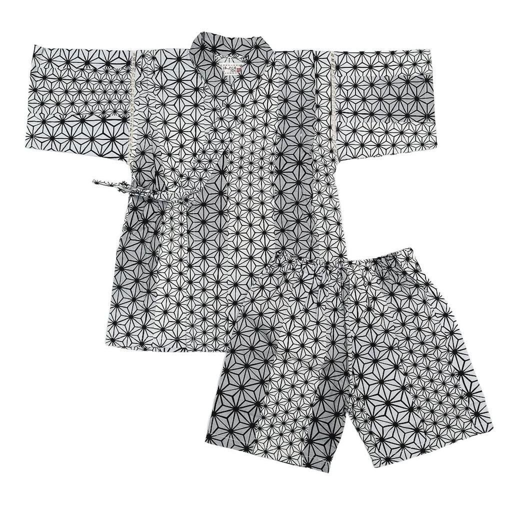 Jinbei Set and Made with Japanese Hemp Leaf 130cm Boys' (Top Bottoms) Fabric, 100% Cotton, Pattern, Black,
