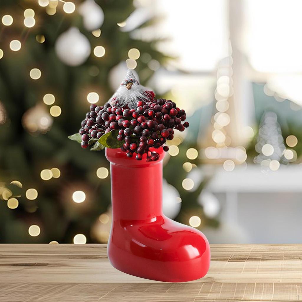 Ceramic Christmas Vase with Red Boots, Unique Nordic Flower Decoration, Plant Holder, for Entryway,