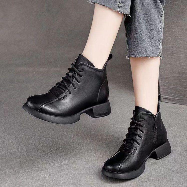 Martin boots women's British soft leather retro short boots low heel platform short tube lace-up short boots women