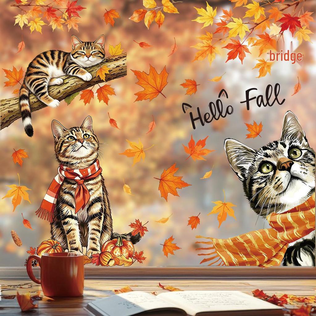 Thanksgiving PVC Window Clings: Cute Cat, Pumpkin, Autumn Leaves Removable Stickers