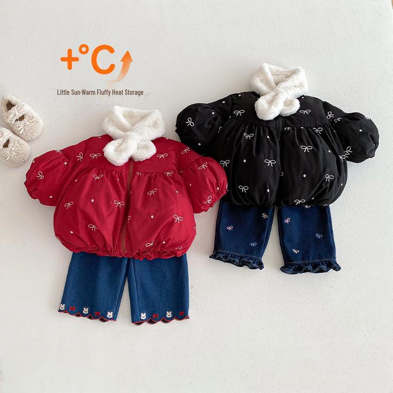2025 New Girls' Korean-Style Winter Coat with Bow and Scarf - Cute Cotton Padded Outfit for Babies