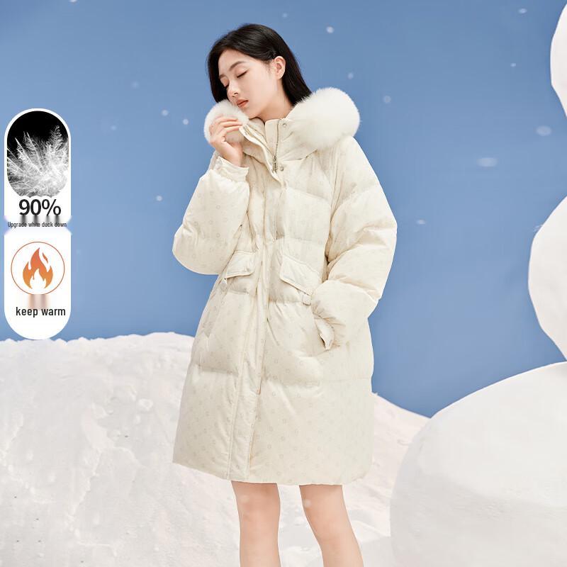 Xiangying Women s Beige Mid-Length Down Jacket with Large Fur Collar L