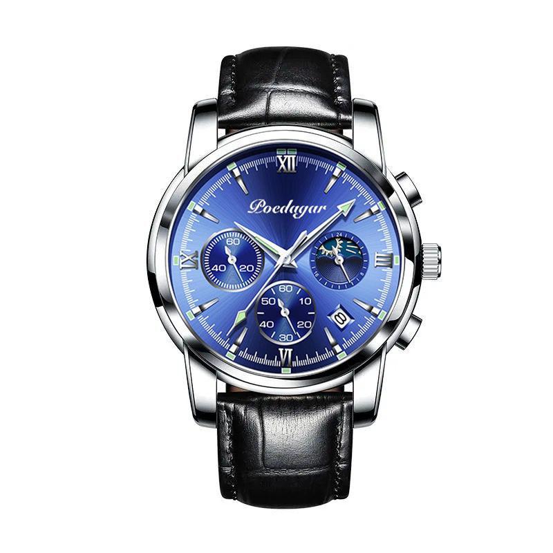 

POEDAGAR Men Watches Leather Quartz Watches Top Brand Luxury Blue Wristwatch Waterproof Luminous Fashion Sport Clock срібний/синій
