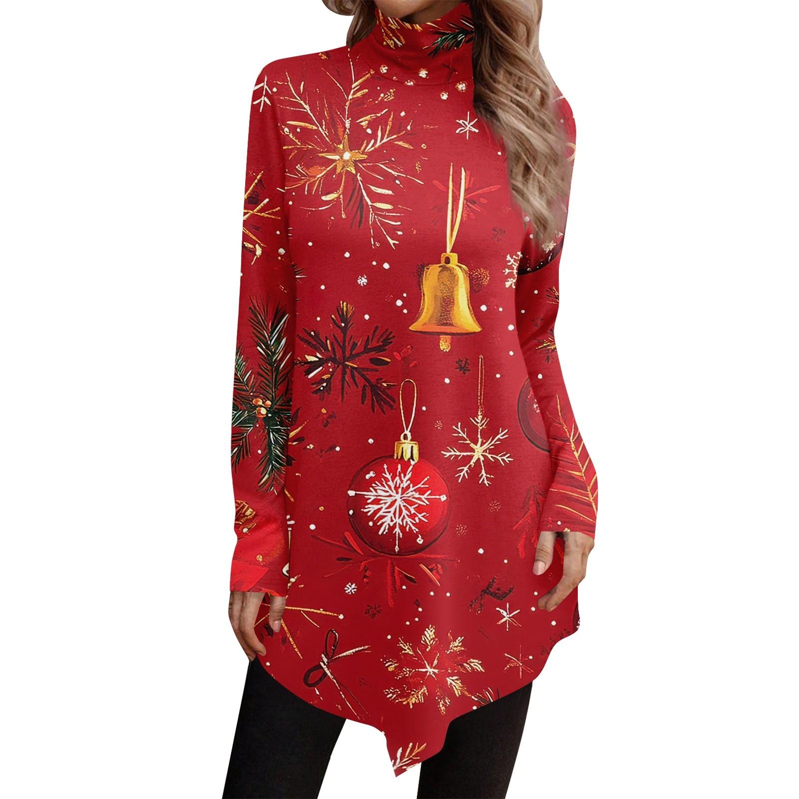 

Повседневная мода Рождественский принт Рубашка Топы Высокий ворот Неровный подол Длинный рукав Пуловер Топы M киноварь