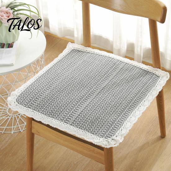 Thin Seat Pad for Home Cotton Linen Chair Pad, Striped Plaid Dining Mat with Lace Trim, Lightweight Wood Chairs Breathable Ties Office Barstool