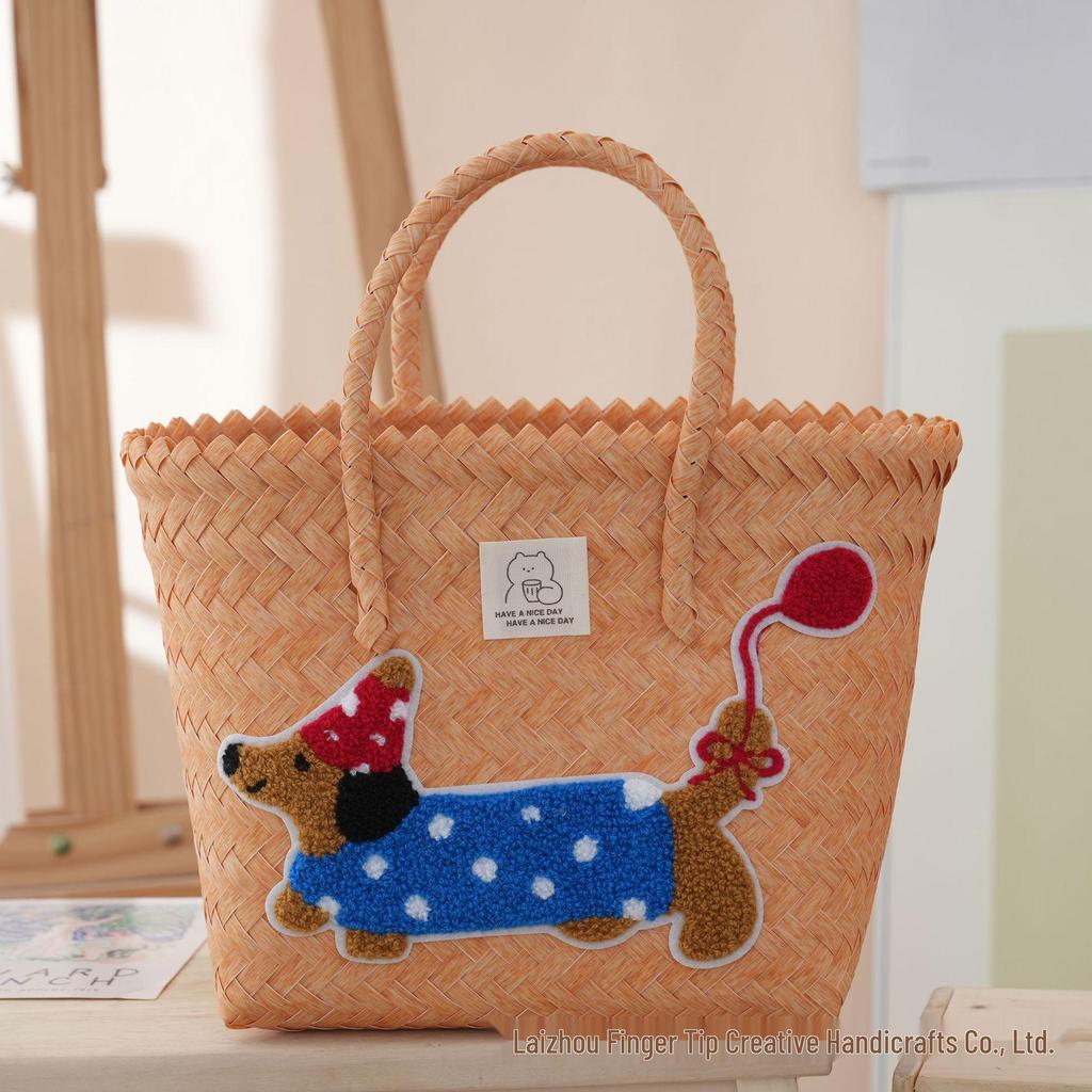 Handmade Dachshund Cartoon Rattan Tote: Woven Vegetable Basket for Work & Commute