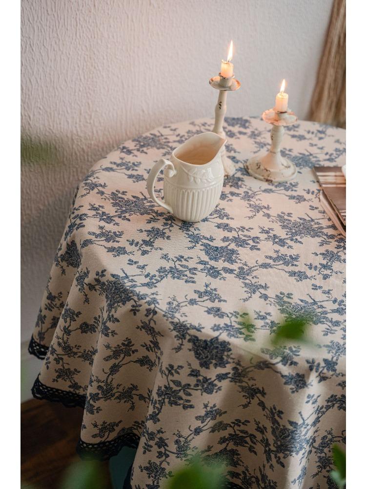 Tablecloth Blue Rose Print Dining Table Cloth Round Fabric Retro Small Round Table Suitable for Holiday Dining Rooms,  Picnics, Outdoor Camping