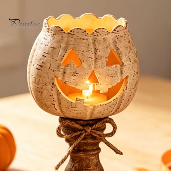 Rustic Pumpkin Statue for Entryway White Tealight Candle Holder Set, Farmhouse Halloween Tea Light Harvest Theme Home Decorations Holders Decor, Fall
