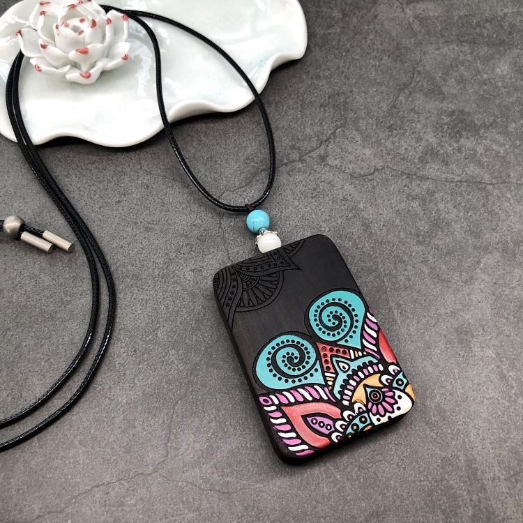 Retro Literary and Artistic Ebony Hand-painted Necklace Zen Elegant and Versatile Men's and Women's Personalized Sweater Chain Pendant Accessories