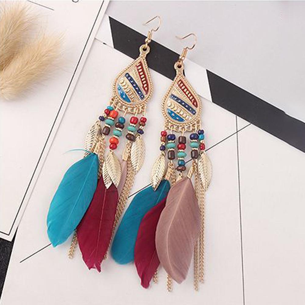 Vintage Elegant Long Pendant Dangle Hook Feather Earrings Women Jewelry Gift
