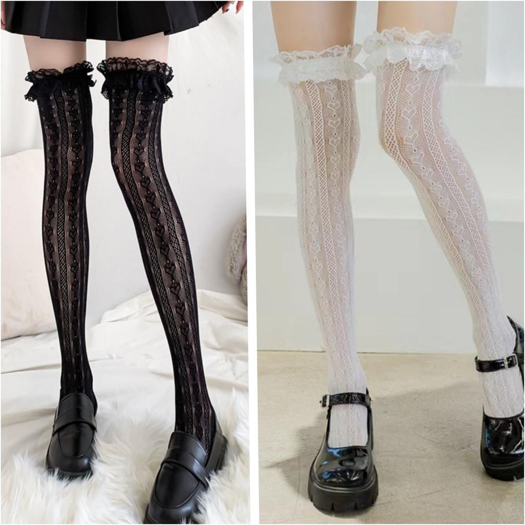 Women Lolita Fishnet Thigh High Socks Japanese Style Heart Striped Lace Patterned Over Knee Long Stocking Jk Girls Cos Stockings