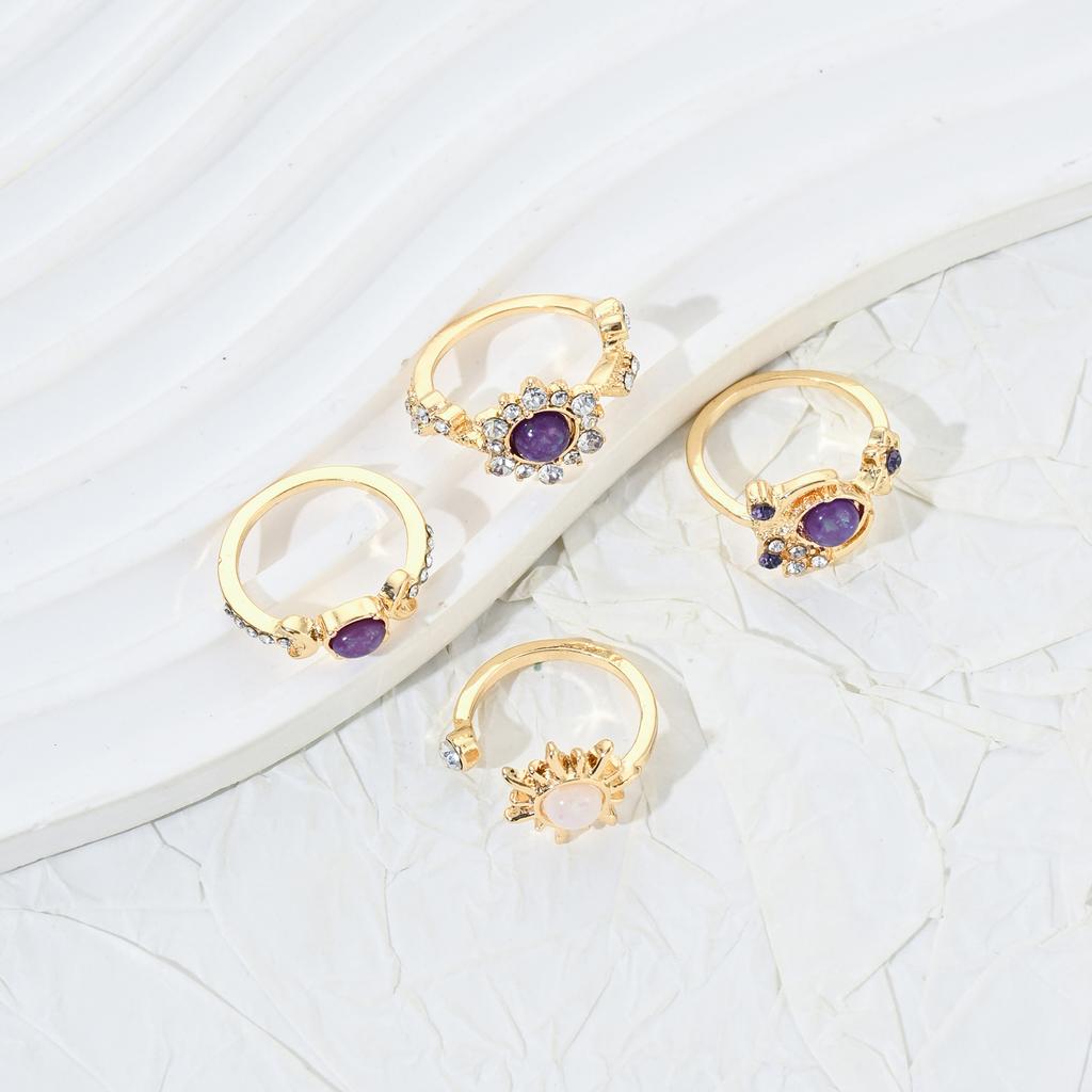 European and American Fashion Ins Gemstone Ring, Sun and Moon Diamond-set Light Luxury High-end Geometric Ring Set for Women