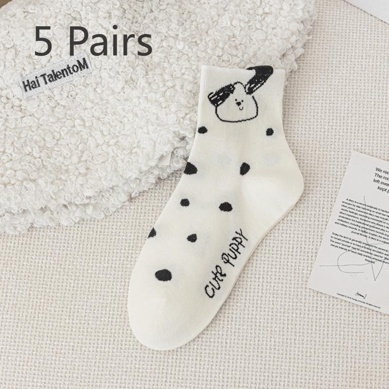 5 Pairs of Female Summer Polka Dot Lovely Cartoon Non Slip Breathable Tube Socks