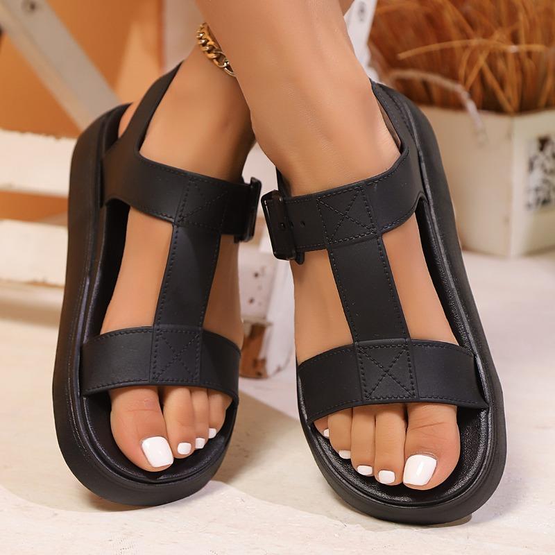 Sandale cu platformă late pentru femei, tip slide - Pantofi de plajă cu toc jos, cu degetele descoperite și baretă la gleznă, Sandale casual de vară cu pană joasă pentru exterior