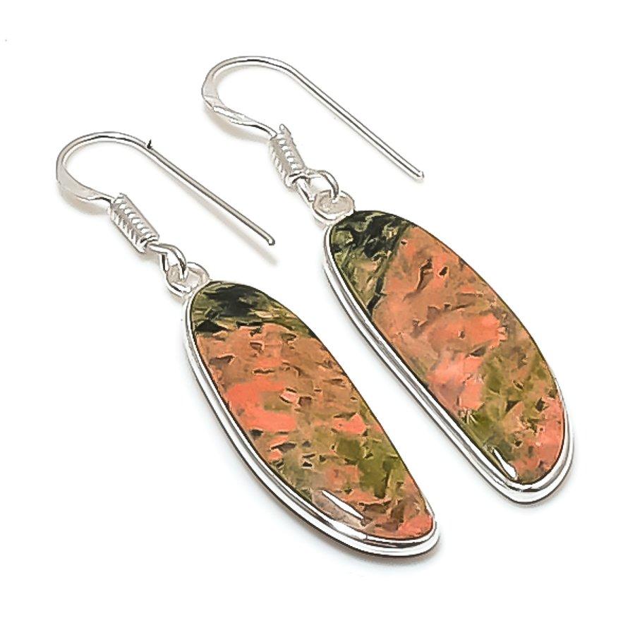 Натуральный Унакит Камень Ручная Работа Серьга из Стерлингового Серебра 925 пробы 1,85  AE-11458