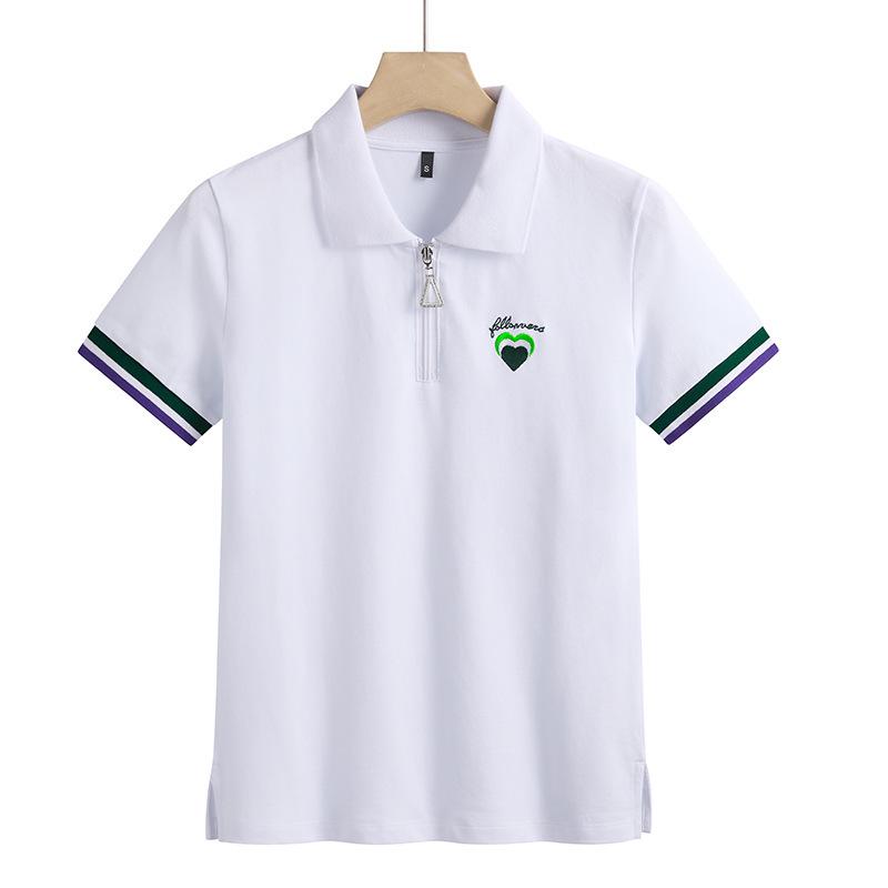 

Женская приталенная рубашка поло из пике хлопка в корейском стиле с вышивкой, на молнии и с отложным воротником. S белый