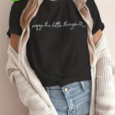 Women's Casual T-Shirt with "Enjoy The Little Things" Print - Black with White Short Sleeve Cursive Lettering Ladies Tops