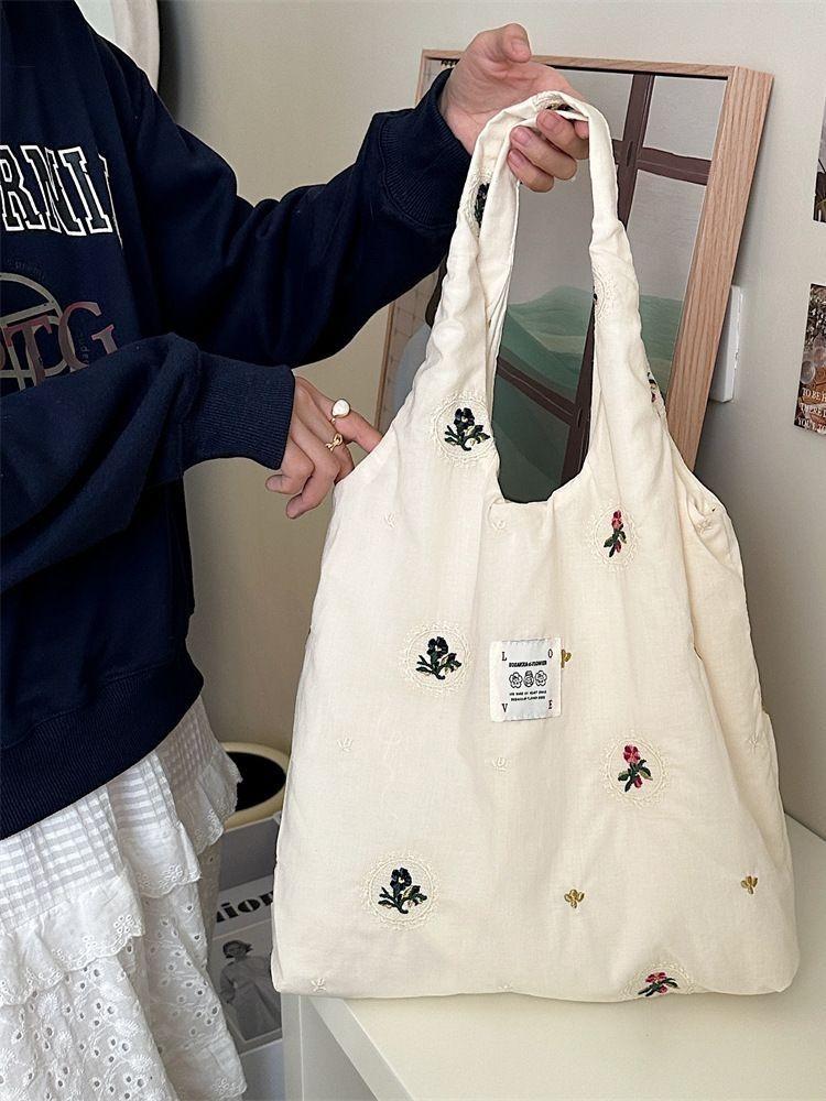 Adorable Floral Canvas Tote Bag For College Students Cute Handheld Shoulder Bag Spacious