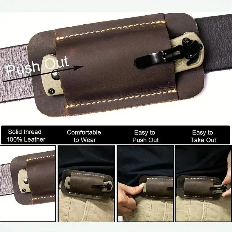 Quick Release Folding Knife Sheath 5Inch Leather Pouch Snap Lock Belt Clip Portable Outdoor Blade Storage Protective Cover Case