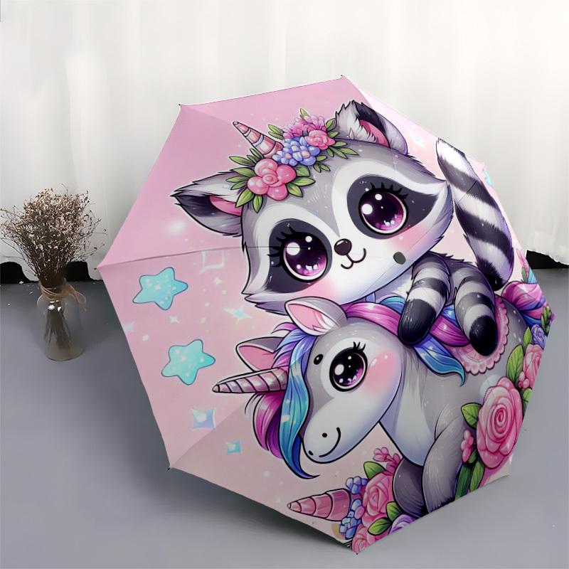 1pc Raccoon Unicorn Floral Fantasy Umbrella with Plastic Handle,Suitable for All Seasons Home Travel Outdoor UmbrellaDD761