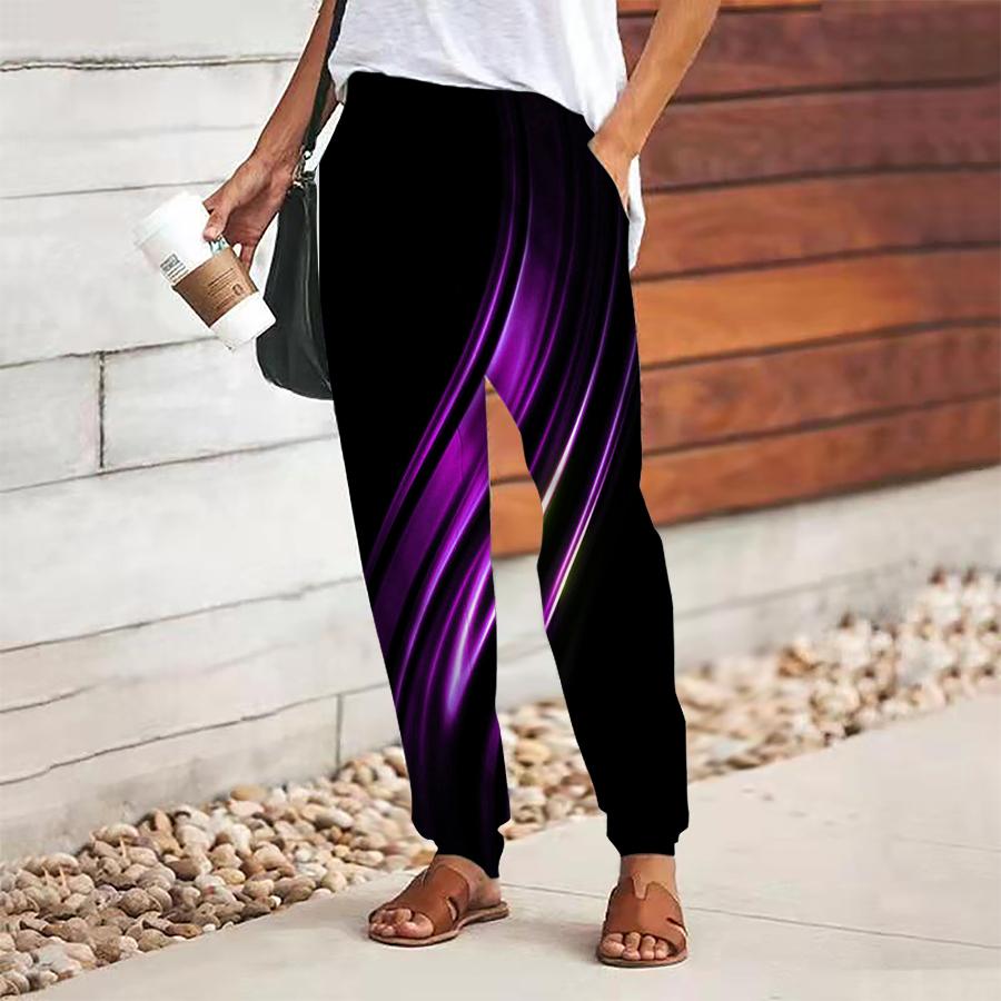 Women Silk Printing Pants Lace Up Elastic Waist Loose  Trousers Casual Long Pants Trousers with Pockets