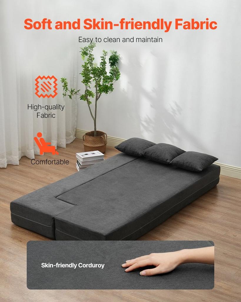 Folding Sofa Bed 3-in-1 Foldable Couch Bed with 3 Pillows Dark Grey Twin