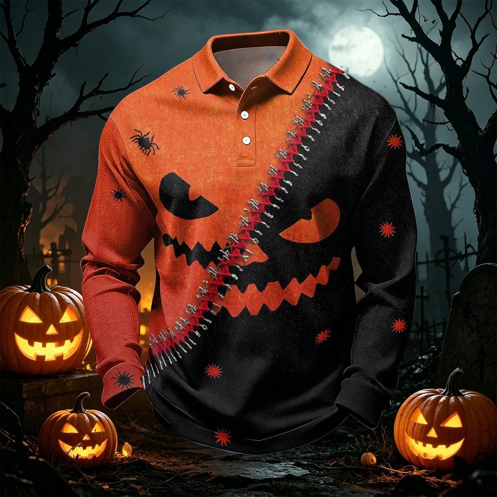 Men's Quick Dry Mesh Golf Shirt Long Sleeve Halloween Print Performance Top