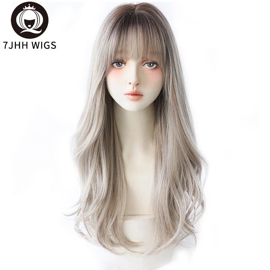 7jhh Wigs Long Wavy Curly Omber Gray White Hair Highlights Synthetic Blend Wigs With Fluffy Bangs For Women's Daily Wear Wigs