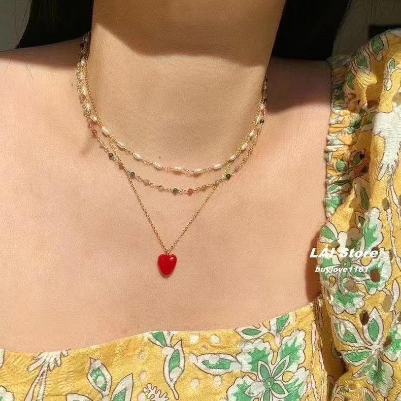 Korean Niche Hammered Meteorite Enamel Necklace with Red Heart Pendant