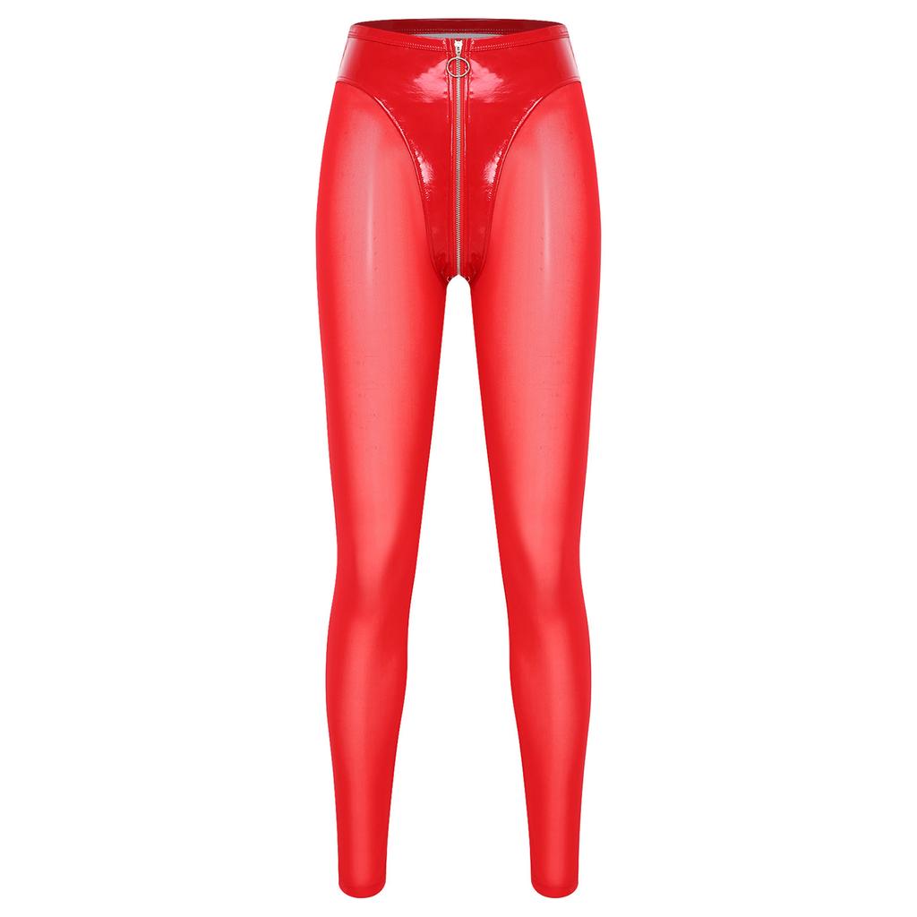 S-3XL Damen durchsichtige Netz- und PU-Leder-Leggings mit hohem Bund Reißverschluss im Schritt Strumpfhosen für stilvolle Rave-Nachtclub-Partys
