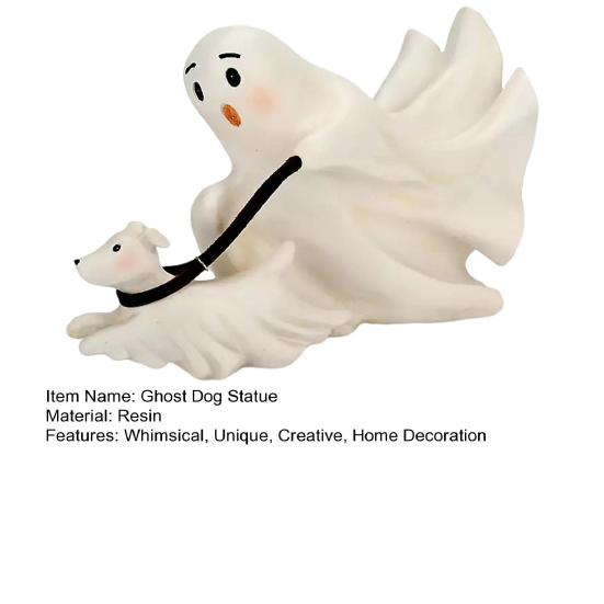Halloween Ghost Walking Dog Statue Cute Ghost Dog Figurine Resin Ghost Sculpture Tabletop Ornament for Indoor Outdoor Decor