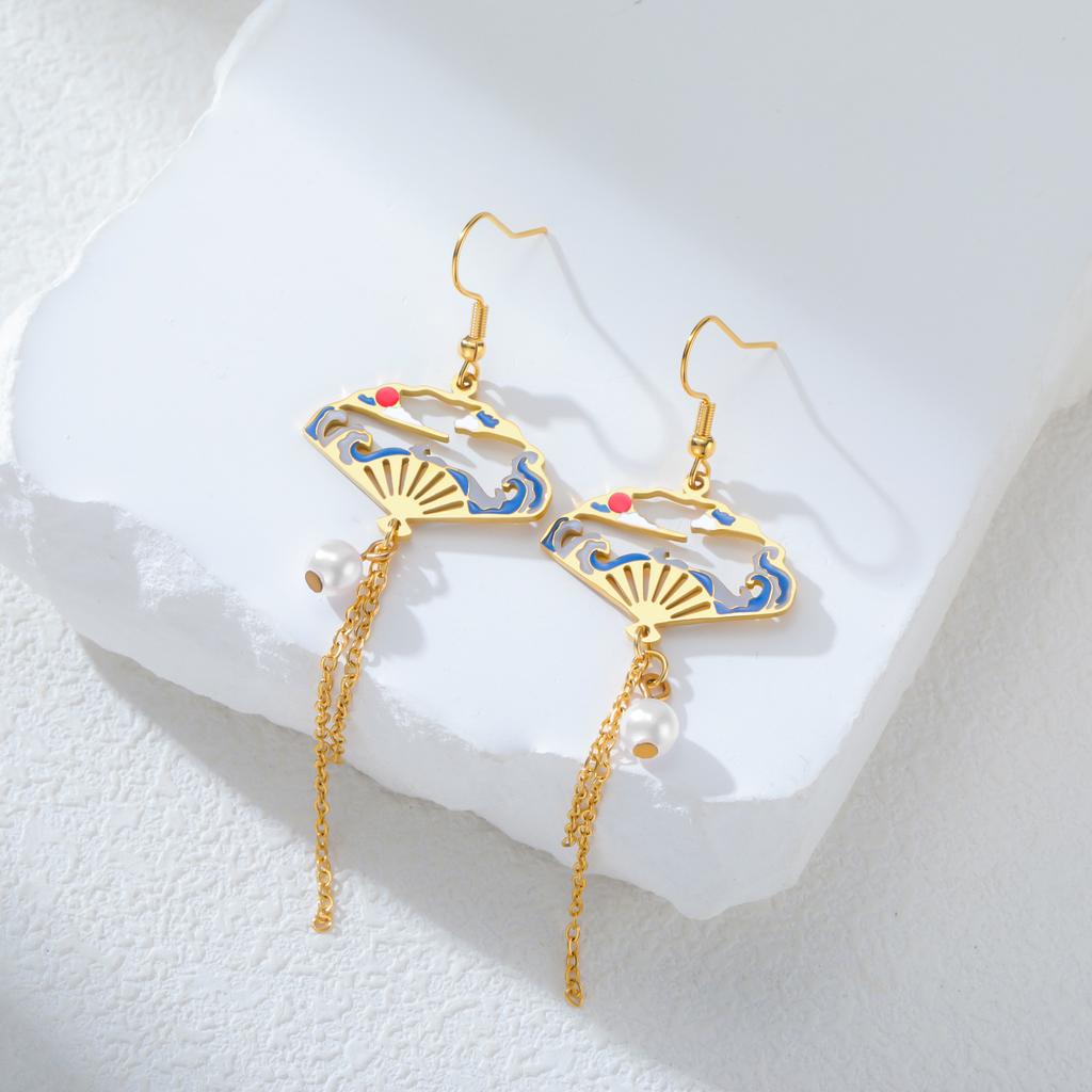 Teamer Enamel Folding Fan Charms Pearl Pendant Earrings For Women Girls Stainless Steel Hoop Earrings Fashion Jewelry Gift New