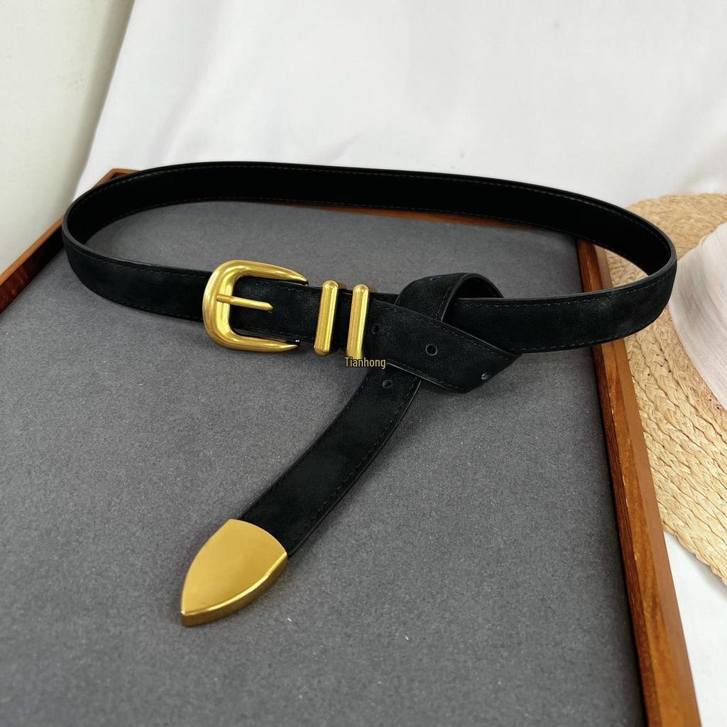 Ceinture Rétro à Boucle Dorée en Daim - Accessoire en Cuir de Vachette Style Myerard pour Pantalon