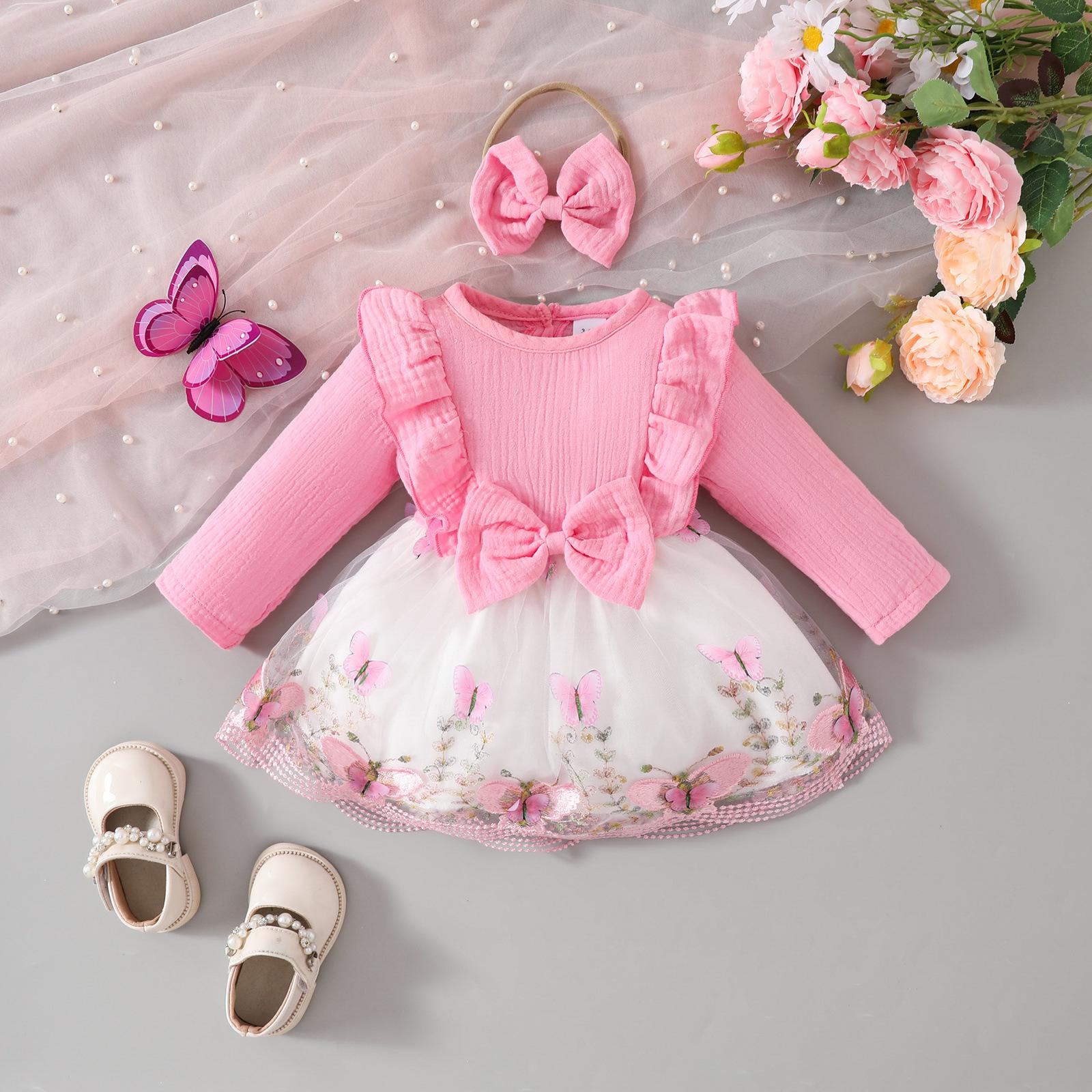 

Сетчатый комбинезон-платье с длинным рукавом и повязкой на голову Бабочка для девочек 6-9 Months розовый