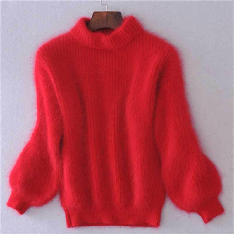 Korean Style Lantern Sleeve Mink Fur High Collar Pullover Sweater (2025)