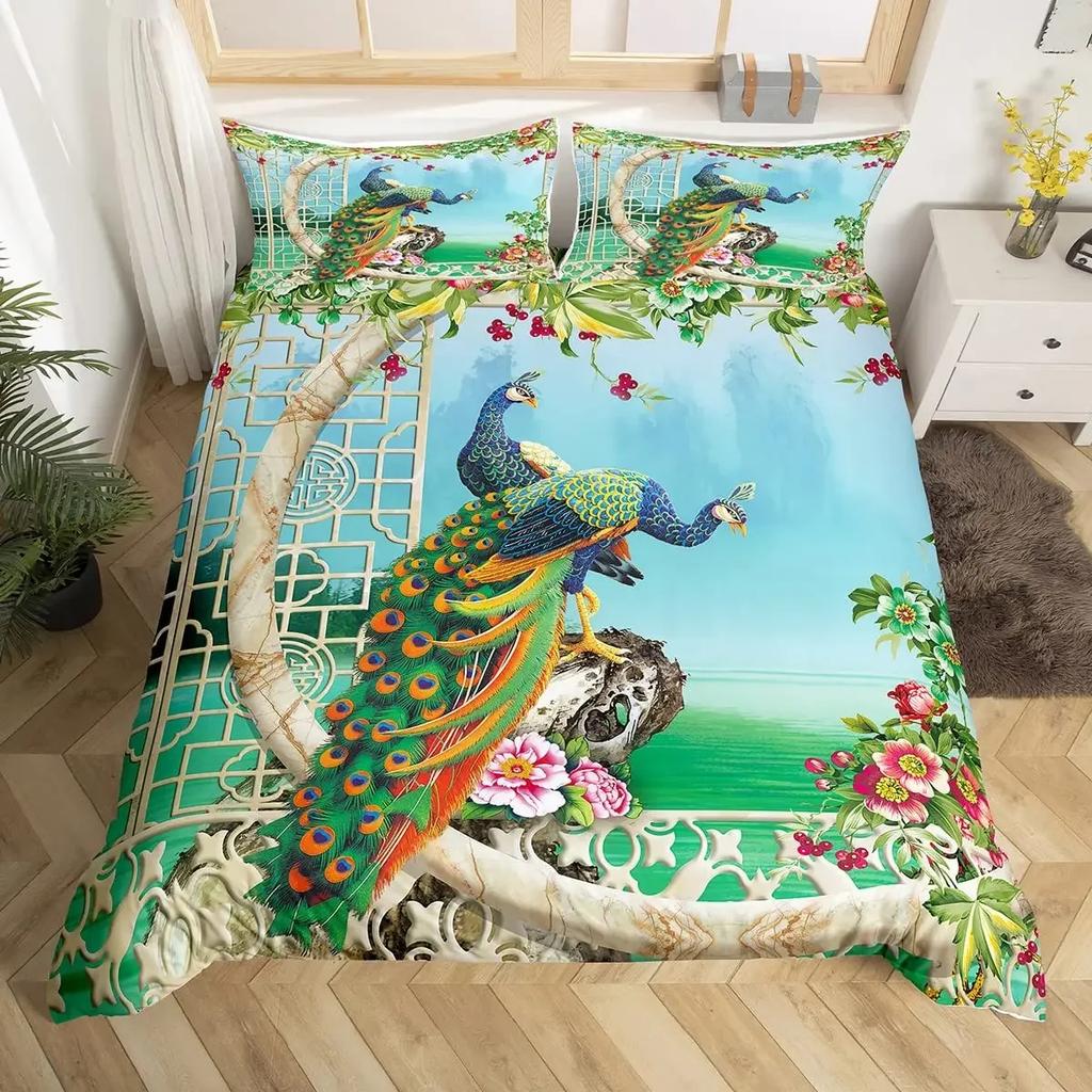 Peacock Comforter Cover Bohemian Duvet Cover Set Exotic Birds Animals Bedding Set Feather Floral Fresh Natural Bedspreads Cover