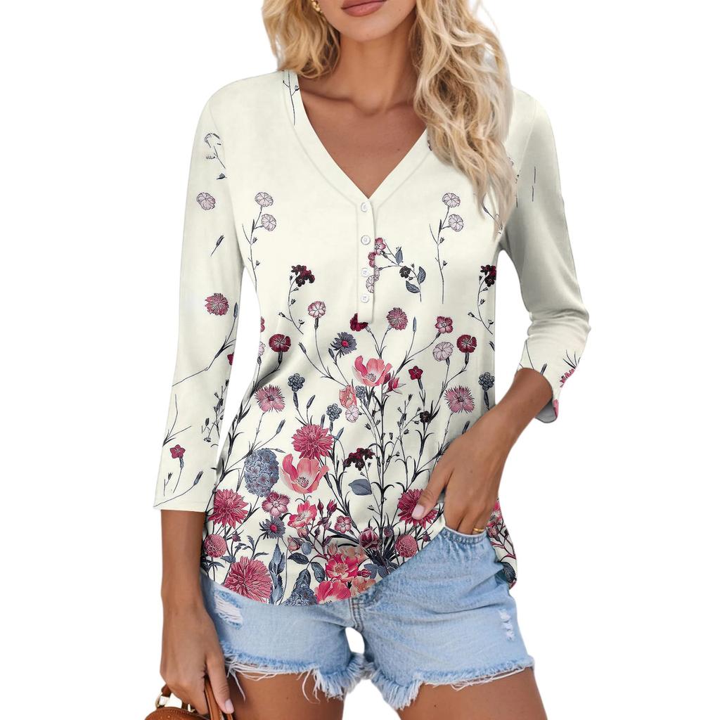 Women's Casual Fashion Sexy Comfortable V-Neck Button Floral Three-quarter Sleeve Top