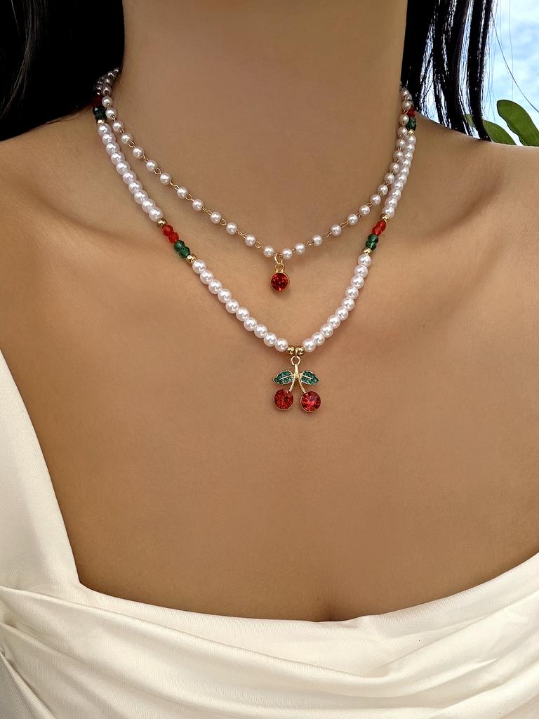 Cute Multi-layer Cherry Pendant Rice Beads Choker Necklace for Women Trendy Simple Strawberry Clavicle Chain Party Jewelry Gift