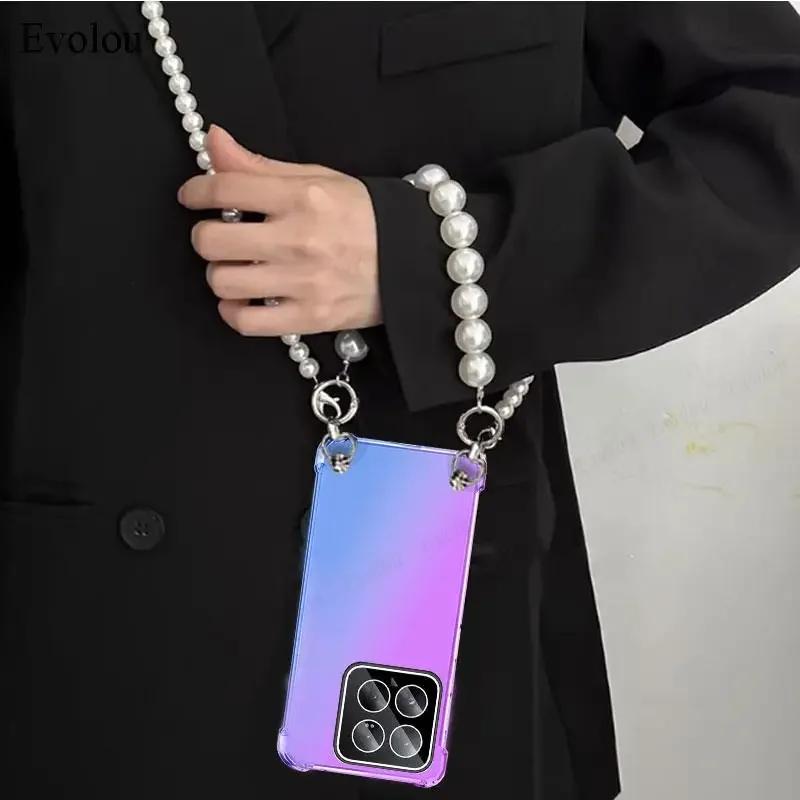Pearl Chain Crossbody Lanyard Case For Xiaomi POCO X7 Pro X 7 X7Pro Rainbow Gradient Soft TPU Shockproof Cover For Redmi Turbo 4