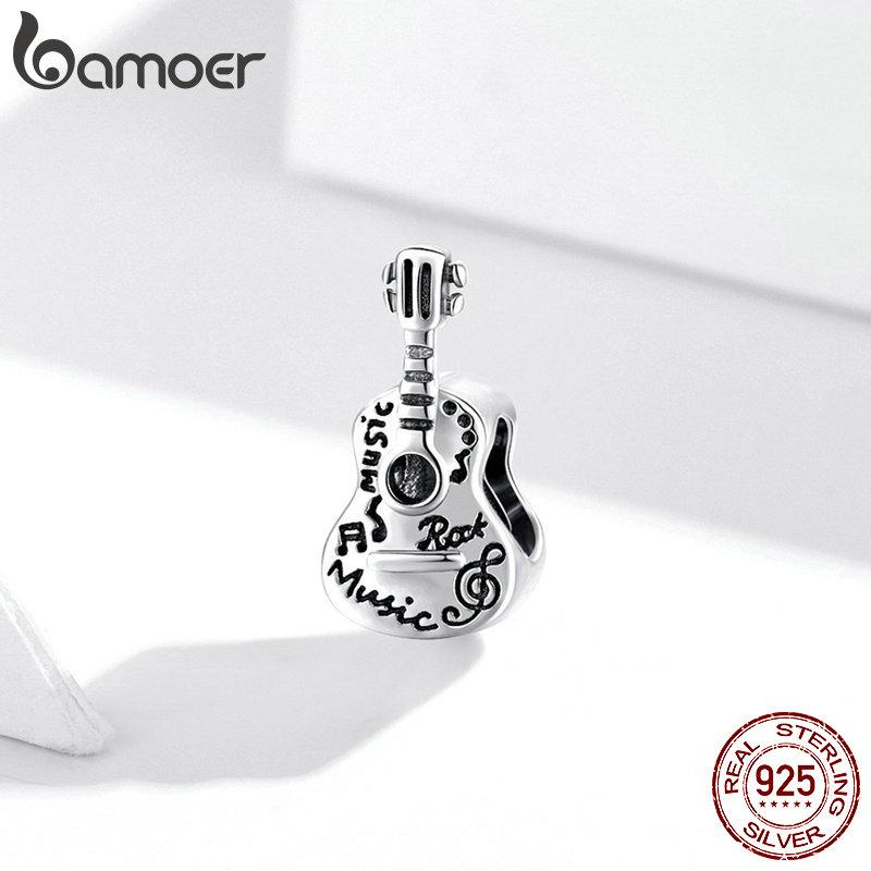 Bamoer 925 Sterling Silver Retro Charm for Original Bracelet Bangle Vintage Simple Guitar Charms Jewelry DIY Bracelet SCC1708