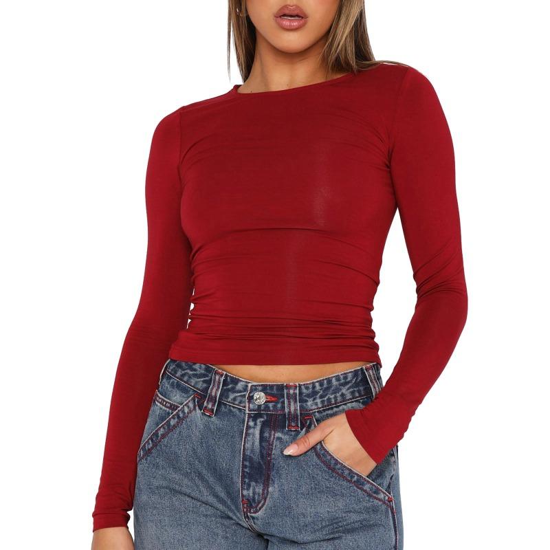 Autumn Women Slim Round Neck Cropped Tops Long Sleeve Show Navel Solid Temperament Color T-Shirt