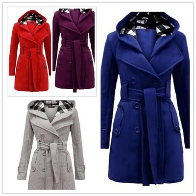 Jackets Women Fashion New Hooded Belt Double-breasted Long Coat Women Coats Dropshipping