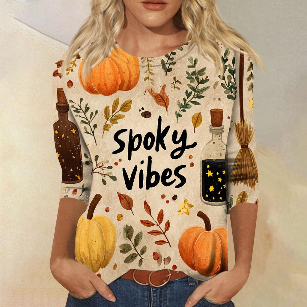 Women Casual Round Neck Halloween Print T Shirt Three Quarter Sleeve Top Lightweight Comfortable Fit Seasonal Graphic Tee