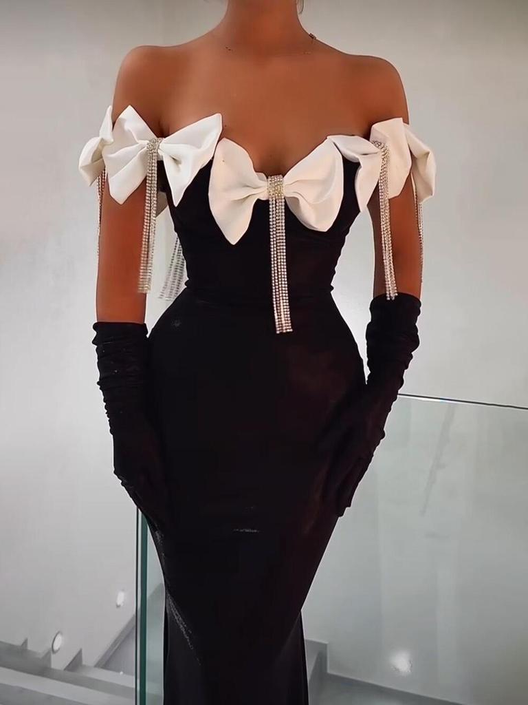 Elegant Cross-Border Evening Gown with Off-Shoulder Bow & Diamond Tassel