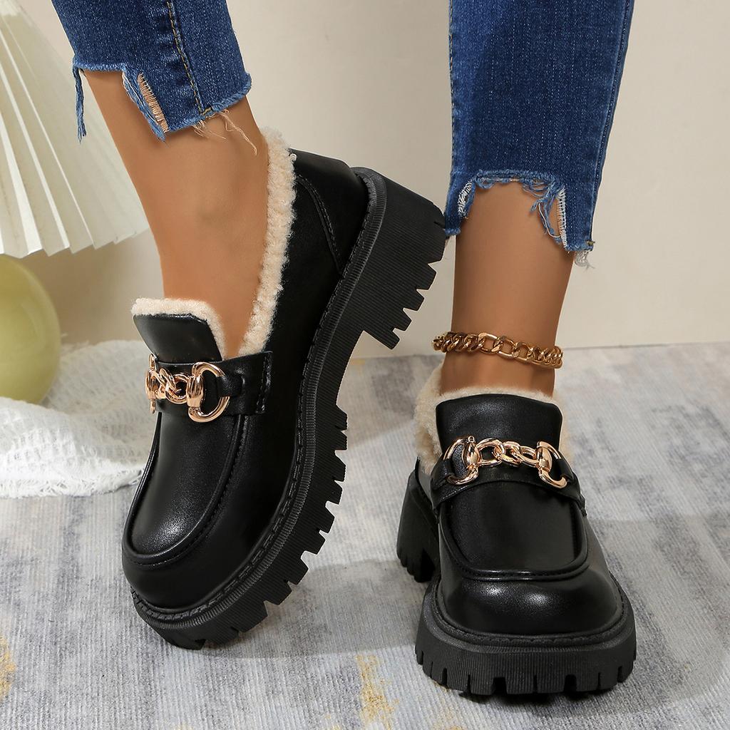 Mode Großer Britischer Stil Kleine Lederschuhe 2024 Winter Neu Mode mit Plüsch Loafer Baumwollschuhe für Damen