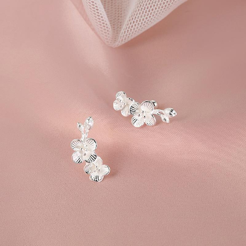 Brushed Flower Stud Earrings Cute Literary Girl Sweet Girl Romantic Cherry Blossom Earrings Branch Leaves Plum Blossom Earbone Studs