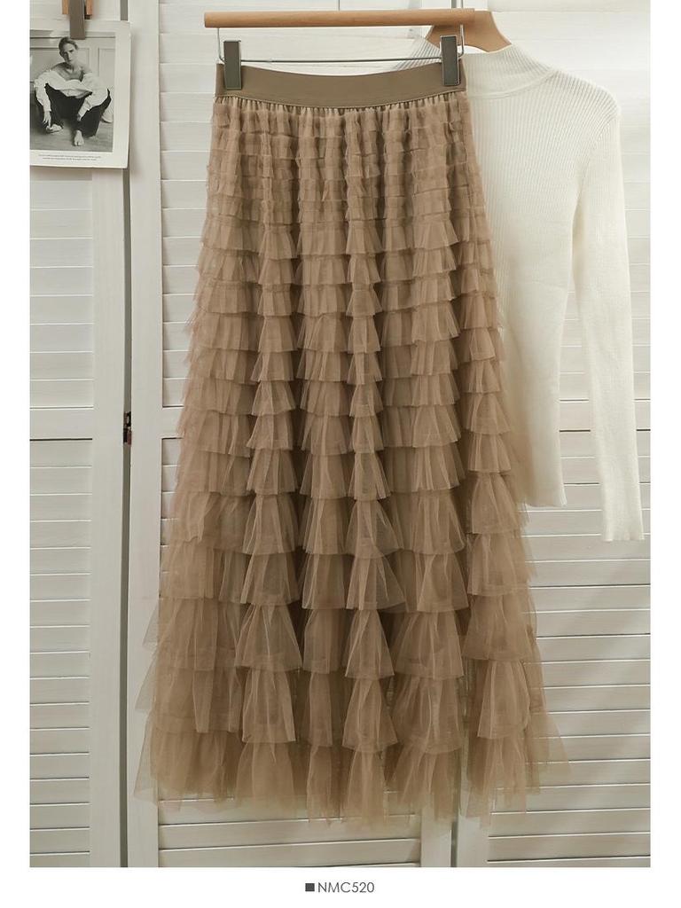 "2024 Frühling/Sommer Lotusblatt Mesh Puffrock": Gespleißt, Schlank, Von Prominenten inspiriert, Lang, Sexy Kuchenstil"