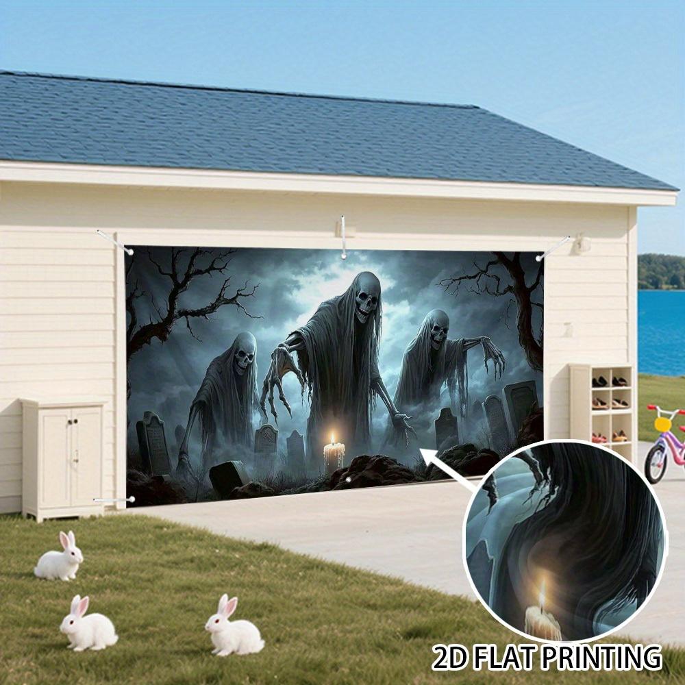 1 piece of Halloween zombie cemetery 2D garage door banner - Large colorful horror background with skulls.PMJ