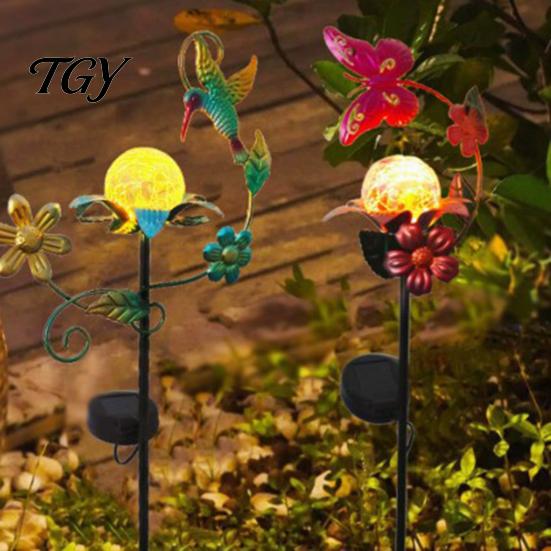 Outdoor Solar Garden Lights Glass Cracked Ball Light, Butterfly Hummingbird Metal Nature Inspired Accents Stake Waterproof Yard Lamp for Patio
