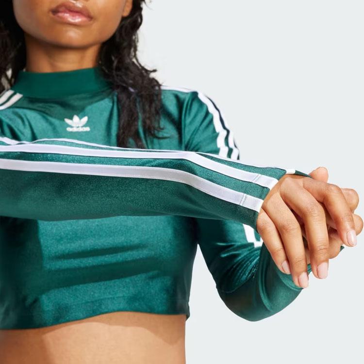 Adidas Top cu mânecă lungă decupată cu 3 dungi Originals, cu gât înalt, Topuri pentru femei, verde IR8136